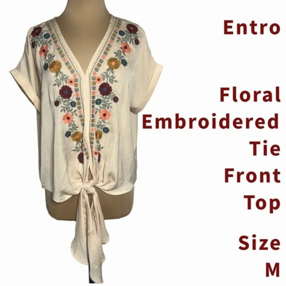 entro Tops - Entro floral embroidered boho cap sleeve top tie front size M